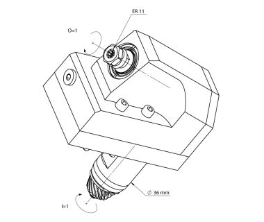CIT-KSA115: Fixed 15° Angle Spdl For M220/232/320/332/420/432. ER11, i/o 1:1, Ext. Cool 200 bar